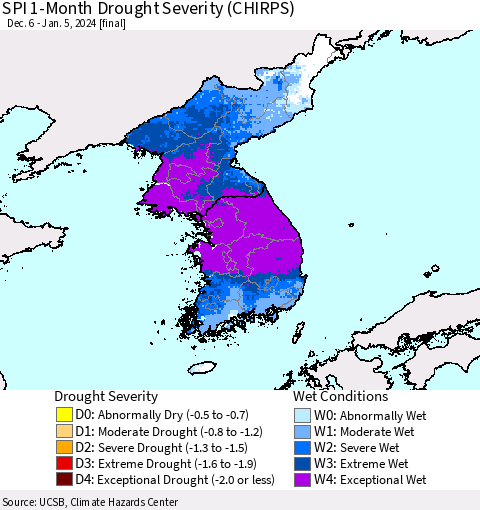 Korea SPI 1-Month Drought Severity (CHIRPS) Thematic Map For 12/6/2023 - 1/5/2024