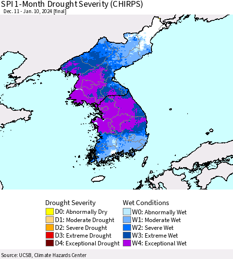 Korea SPI 1-Month Drought Severity (CHIRPS) Thematic Map For 12/11/2023 - 1/10/2024