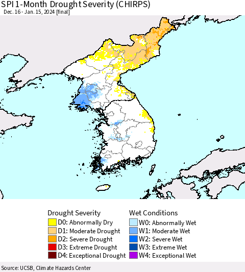 Korea SPI 1-Month Drought Severity (CHIRPS) Thematic Map For 12/16/2023 - 1/15/2024