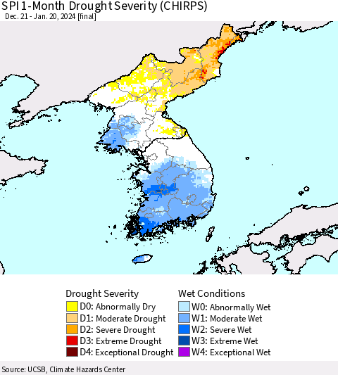 Korea SPI 1-Month Drought Severity (CHIRPS) Thematic Map For 12/21/2023 - 1/20/2024