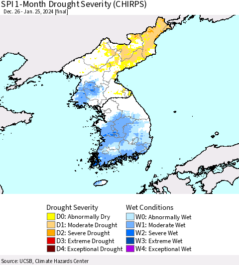 Korea SPI 1-Month Drought Severity (CHIRPS) Thematic Map For 12/26/2023 - 1/25/2024