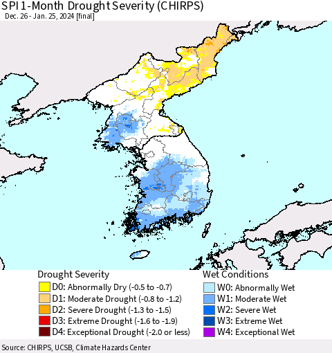 Korea SPI 1-Month Drought Severity (CHIRPS) Thematic Map For 12/26/2023 - 1/25/2024