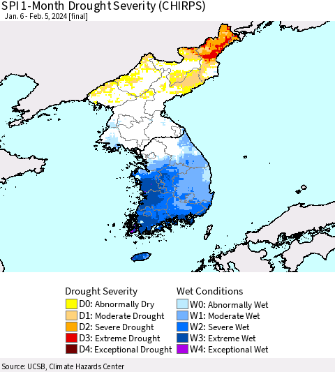 Korea SPI 1-Month Drought Severity (CHIRPS) Thematic Map For 1/6/2024 - 2/5/2024