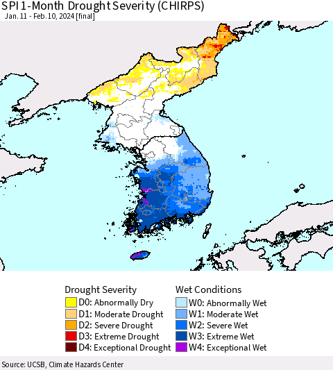 Korea SPI 1-Month Drought Severity (CHIRPS) Thematic Map For 1/11/2024 - 2/10/2024