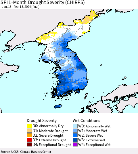 Korea SPI 1-Month Drought Severity (CHIRPS) Thematic Map For 1/16/2024 - 2/15/2024