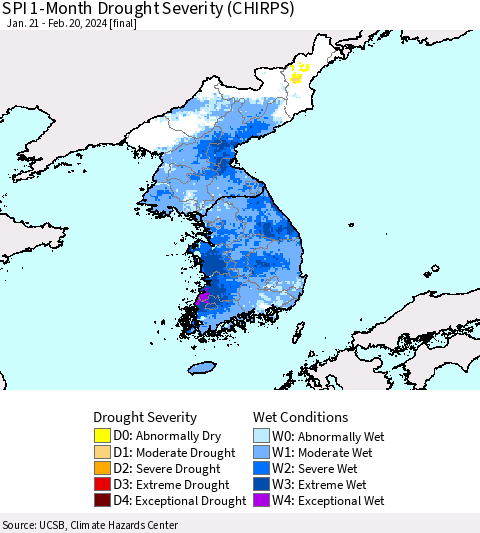 Korea SPI 1-Month Drought Severity (CHIRPS) Thematic Map For 1/21/2024 - 2/20/2024