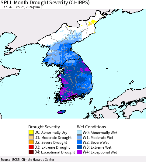 Korea SPI 1-Month Drought Severity (CHIRPS) Thematic Map For 1/26/2024 - 2/25/2024