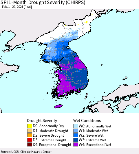Korea SPI 1-Month Drought Severity (CHIRPS) Thematic Map For 2/1/2024 - 2/29/2024