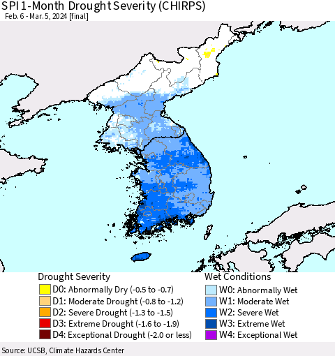 Korea SPI 1-Month Drought Severity (CHIRPS) Thematic Map For 2/6/2024 - 3/5/2024