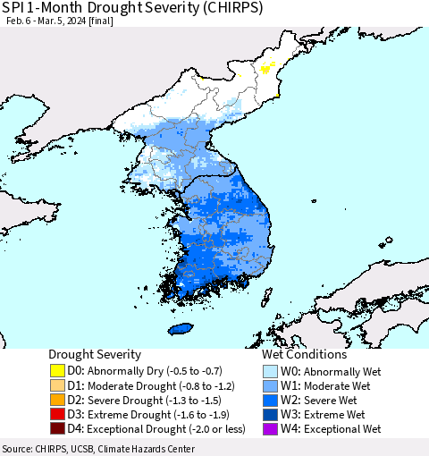 Korea SPI 1-Month Drought Severity (CHIRPS) Thematic Map For 2/6/2024 - 3/5/2024