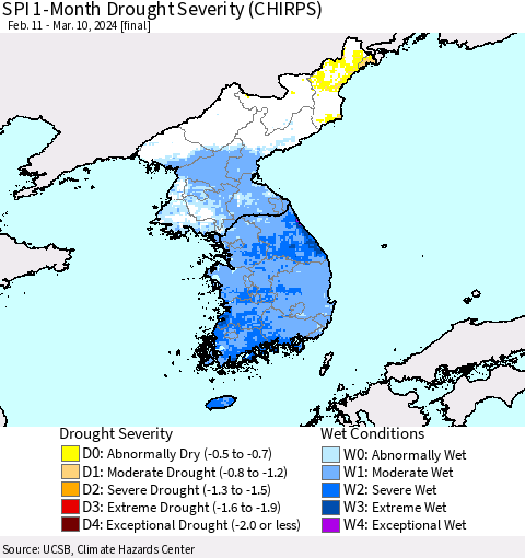 Korea SPI 1-Month Drought Severity (CHIRPS) Thematic Map For 2/11/2024 - 3/10/2024
