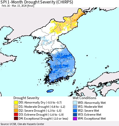 Korea SPI 1-Month Drought Severity (CHIRPS) Thematic Map For 2/16/2024 - 3/15/2024