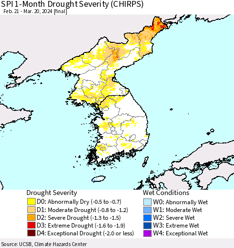 Korea SPI 1-Month Drought Severity (CHIRPS) Thematic Map For 2/21/2024 - 3/20/2024