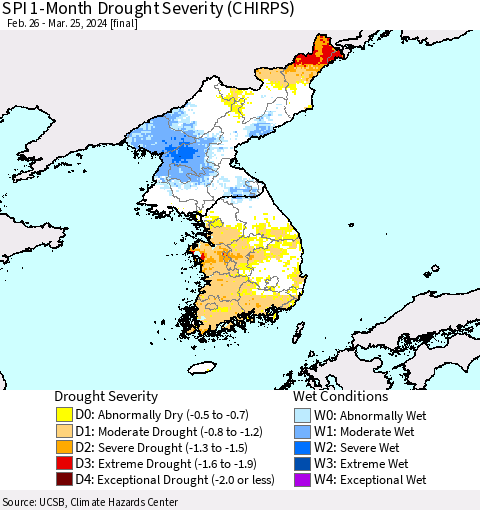 Korea SPI 1-Month Drought Severity (CHIRPS) Thematic Map For 2/26/2024 - 3/25/2024