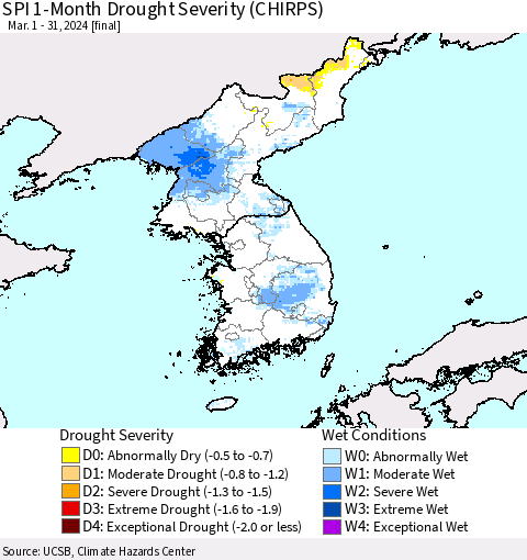 Korea SPI 1-Month Drought Severity (CHIRPS) Thematic Map For 3/1/2024 - 3/31/2024