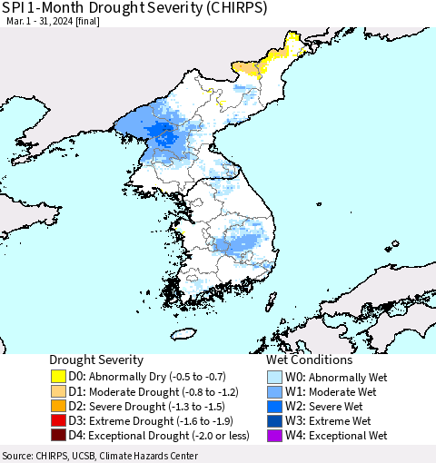 Korea SPI 1-Month Drought Severity (CHIRPS) Thematic Map For 3/1/2024 - 3/31/2024