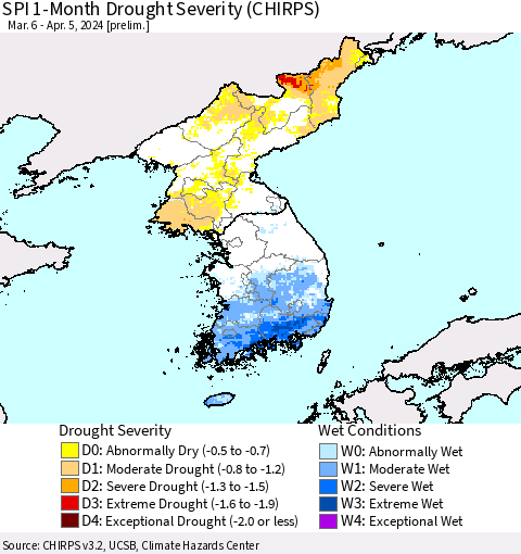 Korea SPI 1-Month Drought Severity (CHIRPS) Thematic Map For 3/6/2024 - 4/5/2024