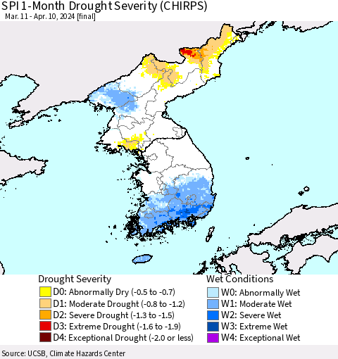 Korea SPI 1-Month Drought Severity (CHIRPS) Thematic Map For 3/11/2024 - 4/10/2024
