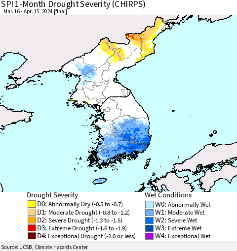 Korea SPI 1-Month Drought Severity (CHIRPS) Thematic Map For 3/16/2024 - 4/15/2024