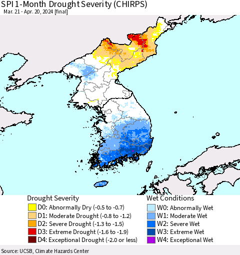 Korea SPI 1-Month Drought Severity (CHIRPS) Thematic Map For 3/21/2024 - 4/20/2024