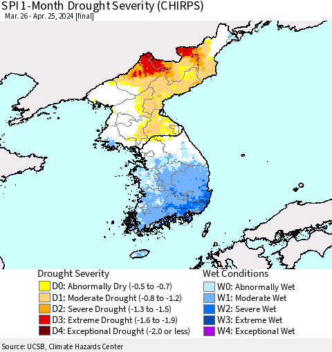 Korea SPI 1-Month Drought Severity (CHIRPS) Thematic Map For 3/26/2024 - 4/25/2024