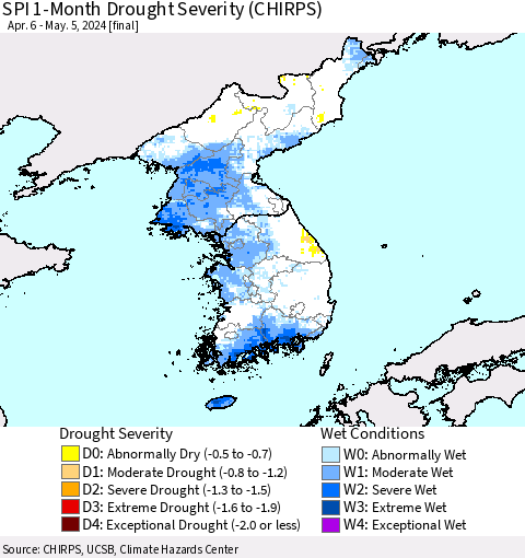 Korea SPI 1-Month Drought Severity (CHIRPS) Thematic Map For 4/6/2024 - 5/5/2024