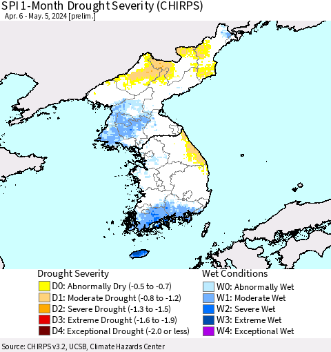 Korea SPI 1-Month Drought Severity (CHIRPS) Thematic Map For 4/6/2024 - 5/5/2024