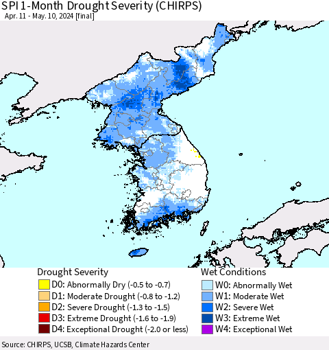 Korea SPI 1-Month Drought Severity (CHIRPS) Thematic Map For 4/11/2024 - 5/10/2024