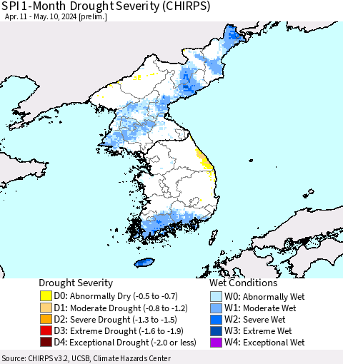 Korea SPI 1-Month Drought Severity (CHIRPS) Thematic Map For 4/11/2024 - 5/10/2024