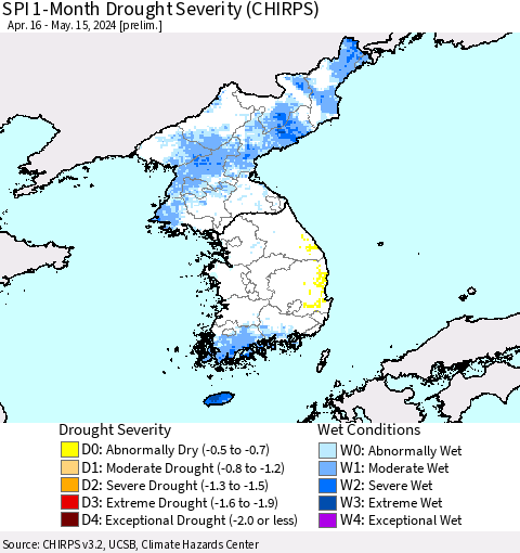 Korea SPI 1-Month Drought Severity (CHIRPS) Thematic Map For 4/16/2024 - 5/15/2024
