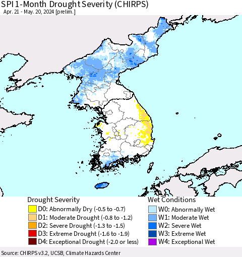Korea SPI 1-Month Drought Severity (CHIRPS) Thematic Map For 4/21/2024 - 5/20/2024