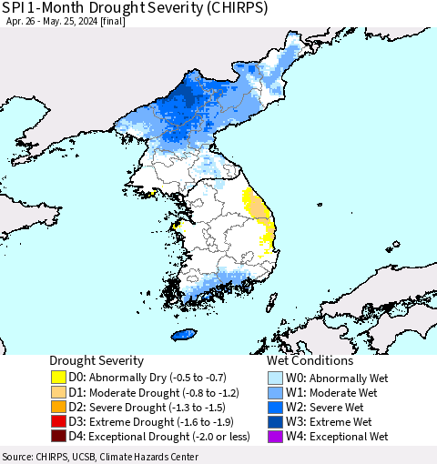Korea SPI 1-Month Drought Severity (CHIRPS) Thematic Map For 4/26/2024 - 5/25/2024