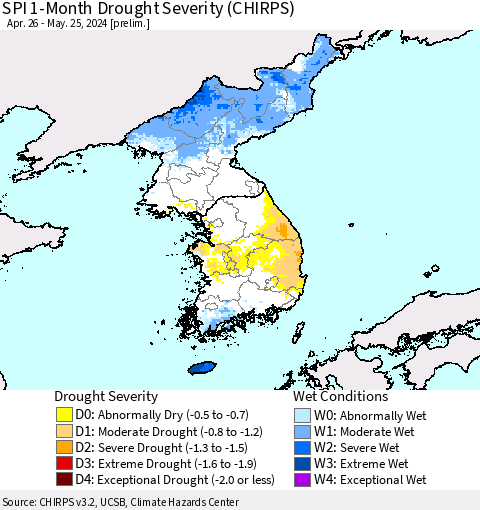 Korea SPI 1-Month Drought Severity (CHIRPS) Thematic Map For 4/26/2024 - 5/25/2024