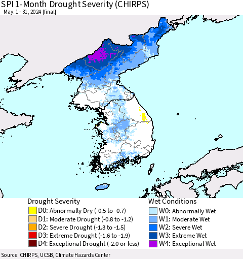 Korea SPI 1-Month Drought Severity (CHIRPS) Thematic Map For 5/1/2024 - 5/31/2024