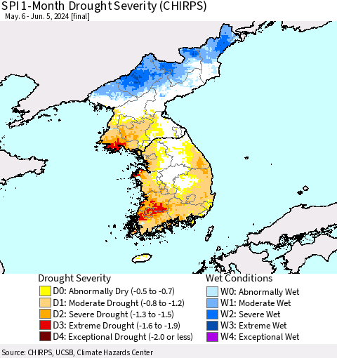 Korea SPI 1-Month Drought Severity (CHIRPS) Thematic Map For 5/6/2024 - 6/5/2024