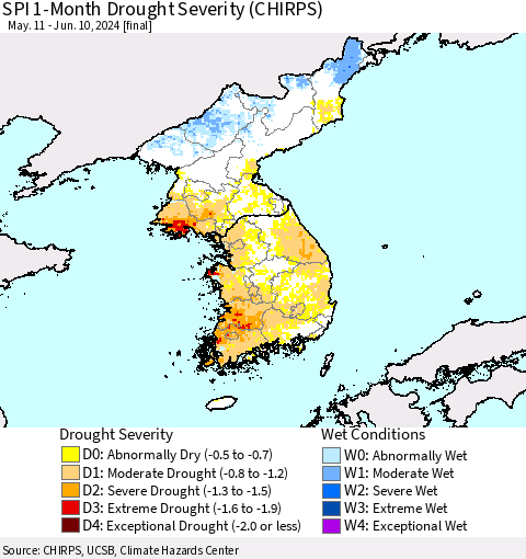 Korea SPI 1-Month Drought Severity (CHIRPS) Thematic Map For 5/11/2024 - 6/10/2024