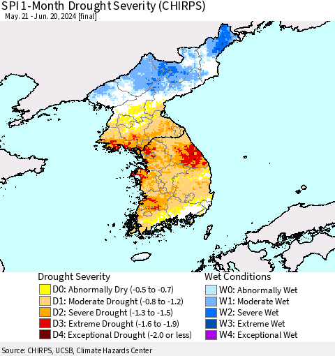 Korea SPI 1-Month Drought Severity (CHIRPS) Thematic Map For 5/21/2024 - 6/20/2024