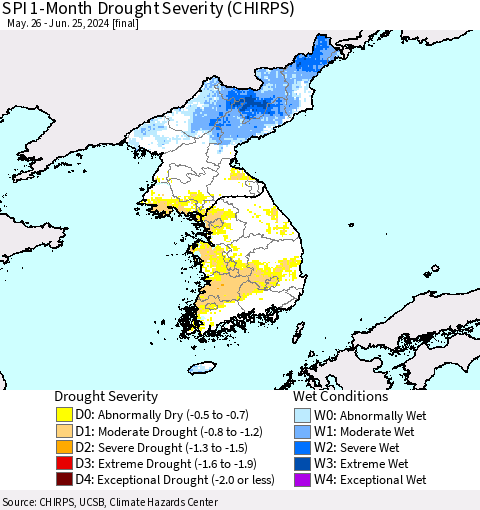 Korea SPI 1-Month Drought Severity (CHIRPS) Thematic Map For 5/26/2024 - 6/25/2024