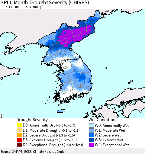 Korea SPI 1-Month Drought Severity (CHIRPS) Thematic Map For 6/11/2024 - 7/10/2024