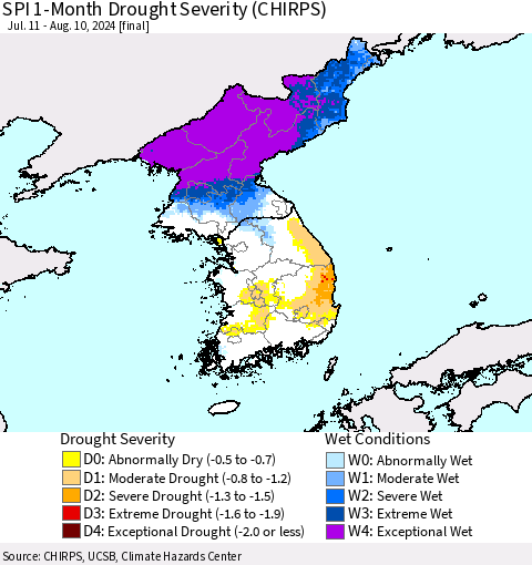 Korea SPI 1-Month Drought Severity (CHIRPS) Thematic Map For 7/11/2024 - 8/10/2024