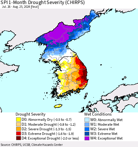Korea SPI 1-Month Drought Severity (CHIRPS) Thematic Map For 7/26/2024 - 8/25/2024