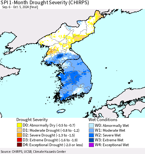 Korea SPI 1-Month Drought Severity (CHIRPS) Thematic Map For 9/6/2024 - 10/5/2024