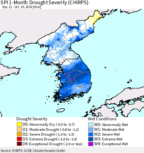 Korea SPI 1-Month Drought Severity (CHIRPS) Thematic Map For 9/21/2024 - 10/20/2024