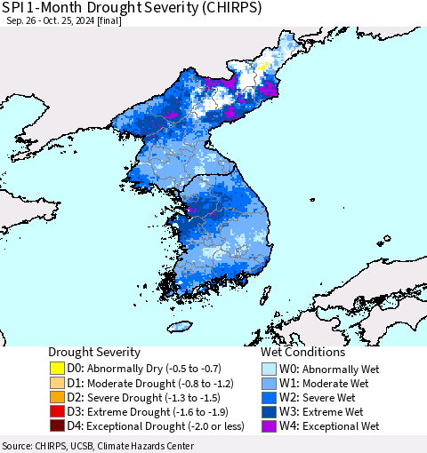 Korea SPI 1-Month Drought Severity (CHIRPS) Thematic Map For 9/26/2024 - 10/25/2024