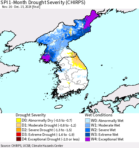 Korea SPI 1-Month Drought Severity (CHIRPS) Thematic Map For 11/16/2024 - 12/15/2024