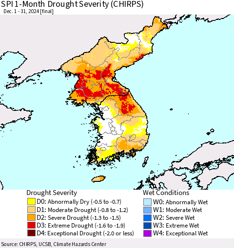 Korea SPI 1-Month Drought Severity (CHIRPS) Thematic Map For 12/1/2024 - 12/31/2024