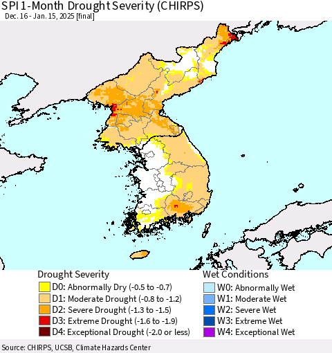 Korea SPI 1-Month Drought Severity (CHIRPS) Thematic Map For 12/16/2024 - 1/15/2025