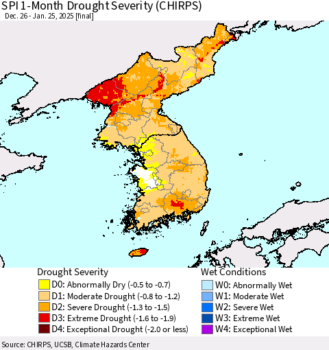 Korea SPI 1-Month Drought Severity (CHIRPS) Thematic Map For 12/26/2024 - 1/25/2025