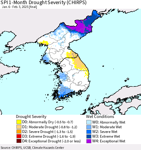Korea SPI 1-Month Drought Severity (CHIRPS) Thematic Map For 1/6/2025 - 2/5/2025