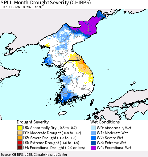 Korea SPI 1-Month Drought Severity (CHIRPS) Thematic Map For 1/11/2025 - 2/10/2025